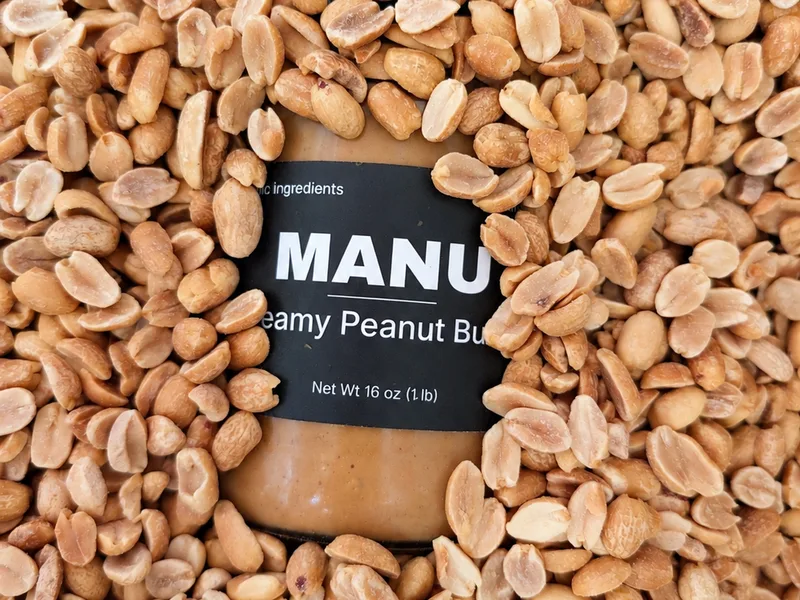 A jar of MANU creamy peanut butter half buried in roasted peanuts.